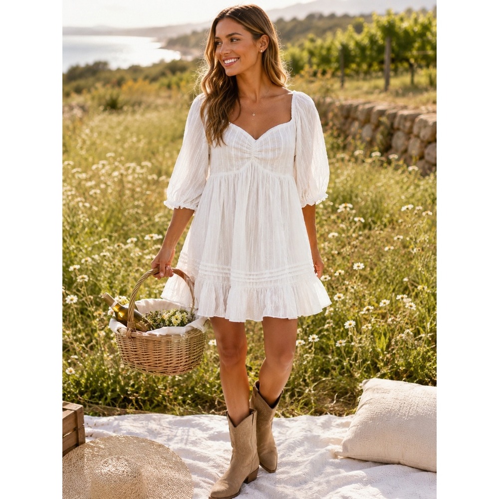 Mable White Babydoll Ruffle Mini Dress Cottagecore Coquette Puff Sleeve Boho M